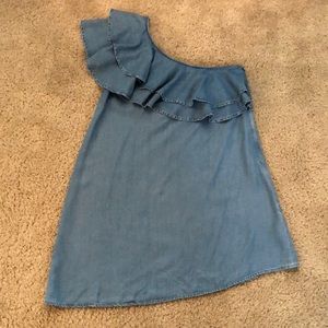 Zara Women Ruffled One Shoulder Chambray Tunic